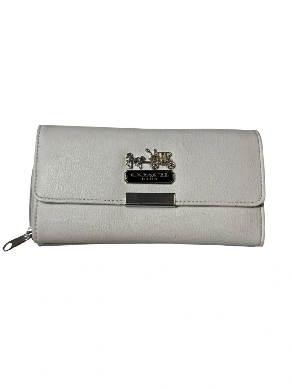 COACH White Pebble Leather Continental Wallet - Signature Plaque